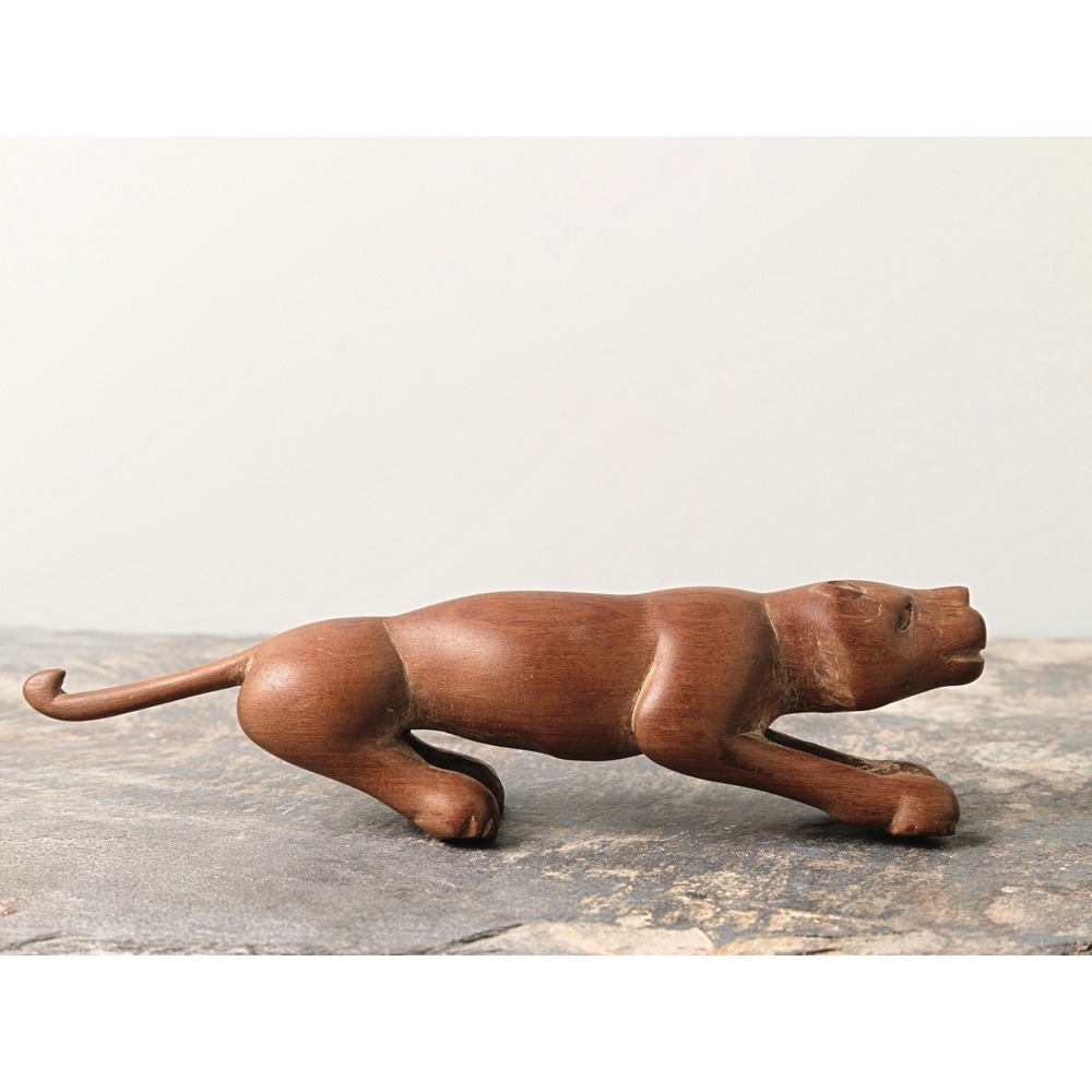 Vintage Folk Art Panther Figurine Big Cat Hand Carved Wood Mid-Century